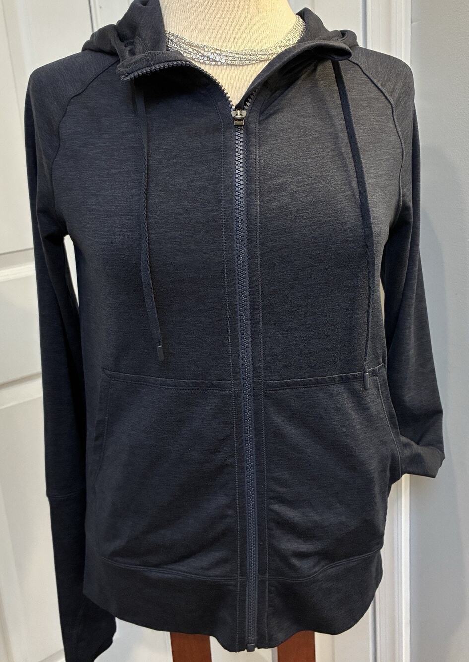 Athleta Uptempo Full Zip Hoodie Jacket Navy Blue Heather Space Dye XS Thumbholes